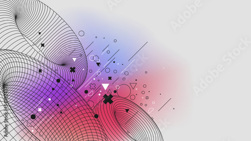 Futuristic connection structure lowpoly figures torus structure, Vector posters with strange wireframes of geometric shapes modern design inspired by brutalism