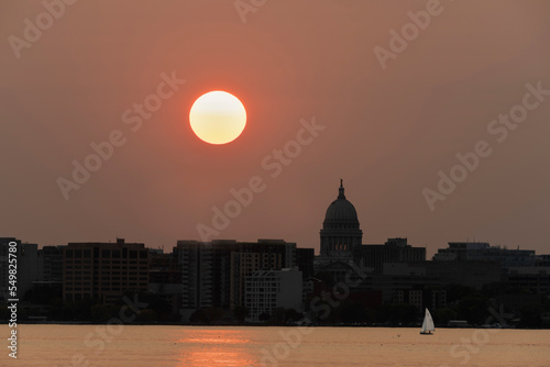 The autumnal equinox sunset on Lake Monona in Madison, Wisconsin.