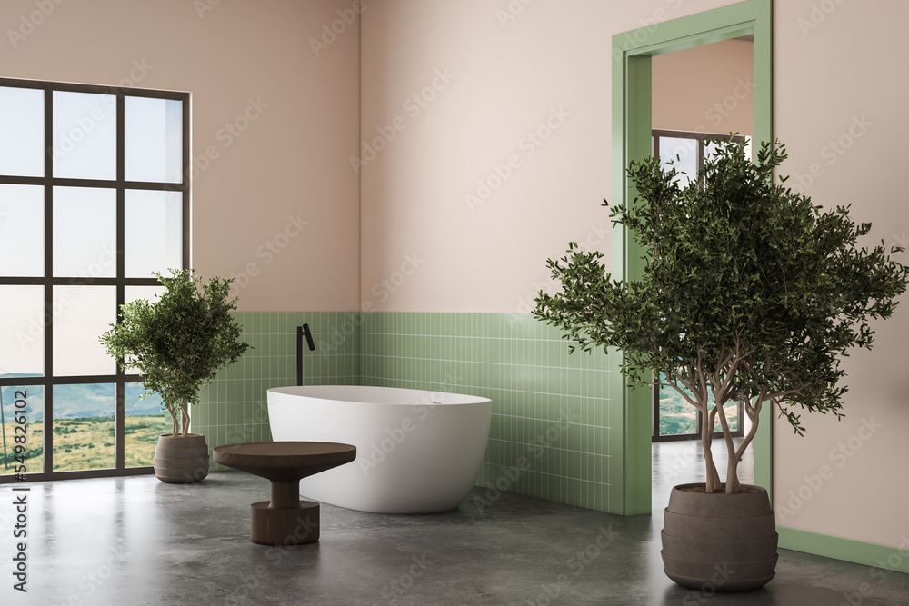 Interior of modern bathroom with green tiles and beige walls, concrete floor, double white sink on marble countertop with oval mirrors above it and comfortable white bathtub. 3d rendering Interior of modern bathroom with green tiles and beige walls, concrete floor, double white sink on marble countertop with oval mirrors above it and comfortable white bathtub. 3d rendering