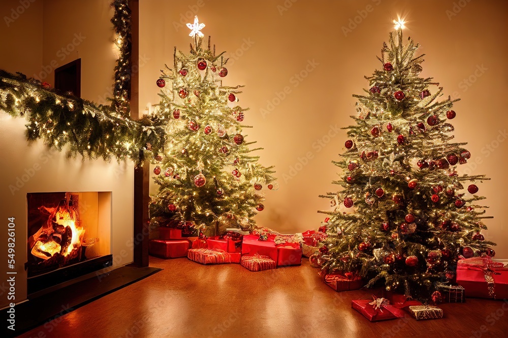 Christmas Treewith gifts and Decorations Near a Fireplace