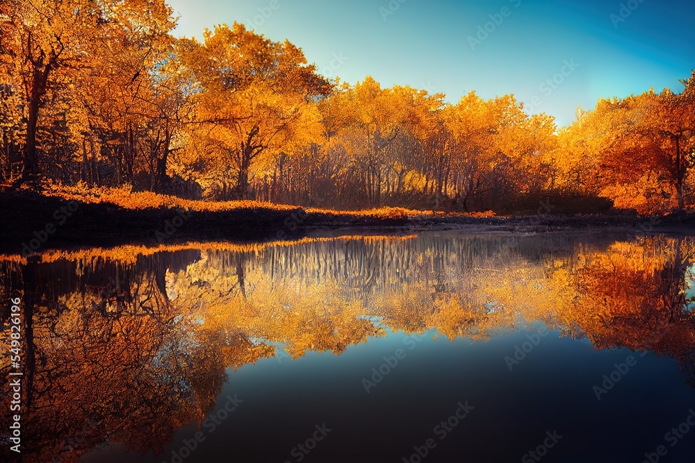 autumn trees reflected in water. Generative Ai.