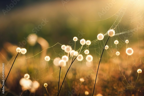 cobwebs on field plants morning Sunshine blurred background