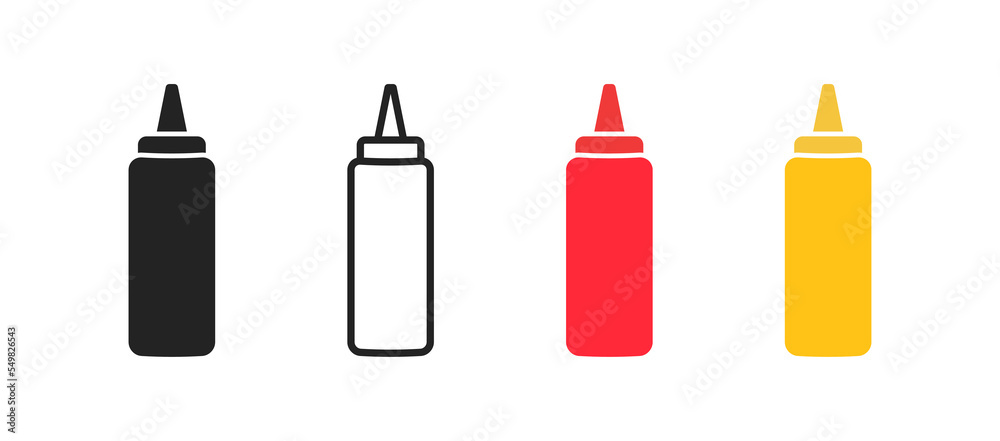 Sause in bottle icon on white background. Ketchup and mustard sign. symbol. Colored flat design. Sause in bottle icon on white background. Ketchup and mustard sign. symbol. Colored flat design.