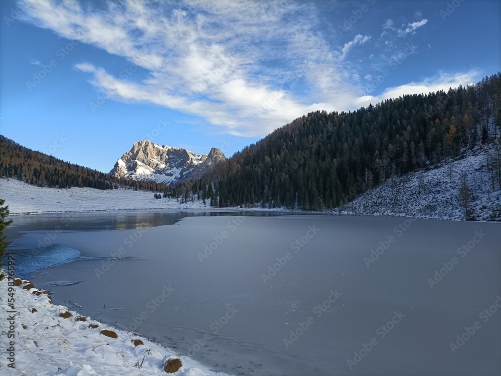 Frozen alpine lake landscape. Calaita lake