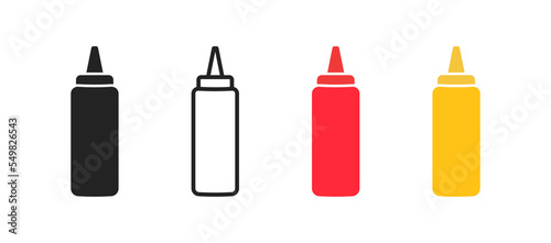 Sause in bottle icon on white background. Ketchup and mustard sign. symbol. Colored flat design.