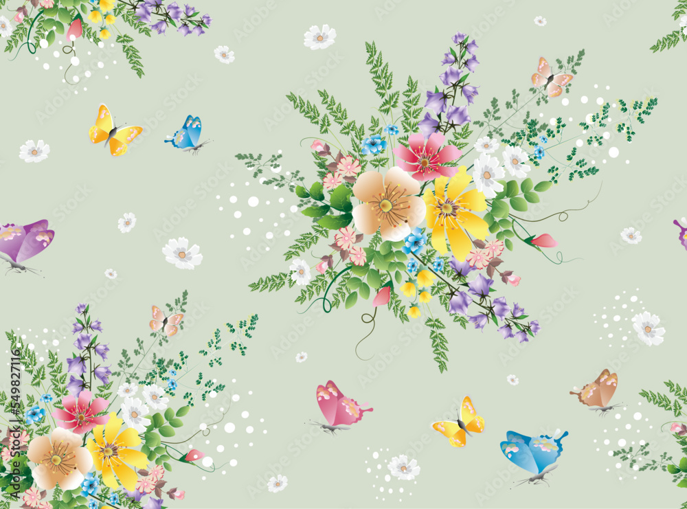 Bouquets of field flowers of chamomile, Cosmos, campanula, peas, forget-me-nots, spikelets and leaves of wild herbs, as well as many colored butterflies on a light green background seamless pattern.
