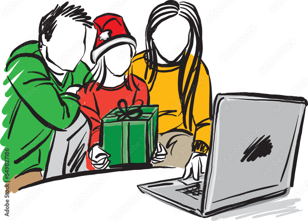 christmas time family in front laptop computer mom father daughter together vector illustration