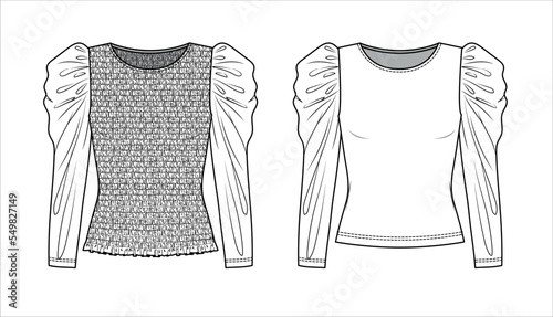 Vector round neck long sleeved top fashion CAD, woman winter t shirt technical drawing, top with smock detail flat, template, sketch. Jersey or woven fabric blouse with front, back view, white color photo