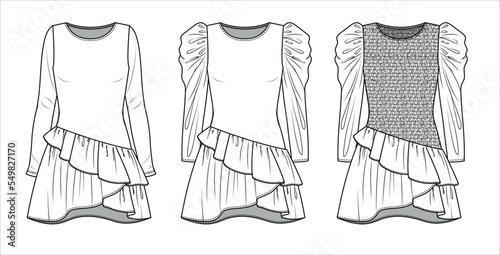 Vector long volume sleeve mini dress technical drawing, woman tired dress with frill, smock detail fashion CAD, sketch, template, flat. Jersey or woven fabric dress with front, back view, white color