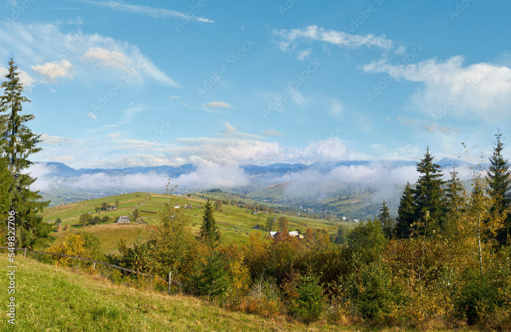 Beautiful autumn morning near Carpathian village outskirts (Carpathian mountain, Ukraine).