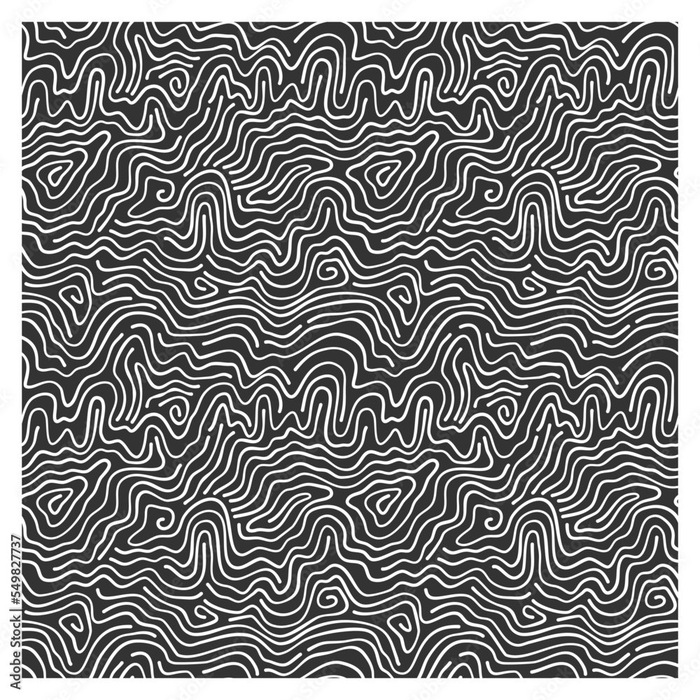 Abstract pattern of white tangled lines-waves on a black background.