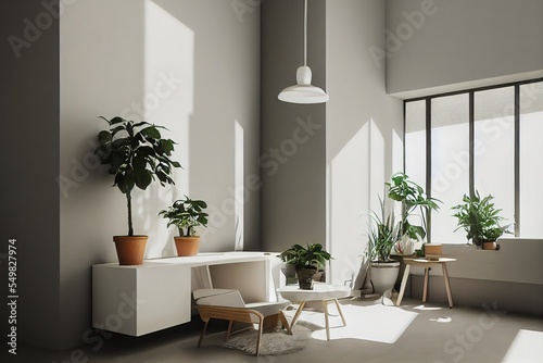 interior design, plants,pool, small room, luxury floor lamp, concrete walls, white furniture