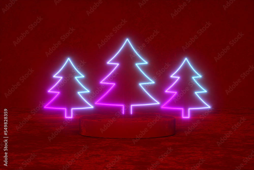 neon Christmas trees near mockup podium, 3d render neon Christmas trees near mockup podium, 3d render