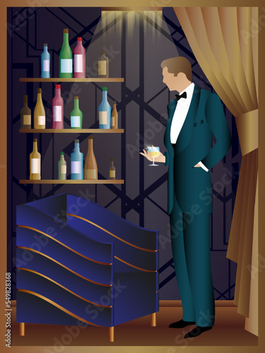 A man with a glass of alcohol on the background of the bar shelves with alcohol. Vector illustration