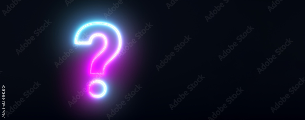 neon question mark, 3d render, panoramic layout