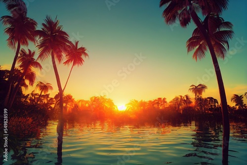 lush tropical lagoon sunset