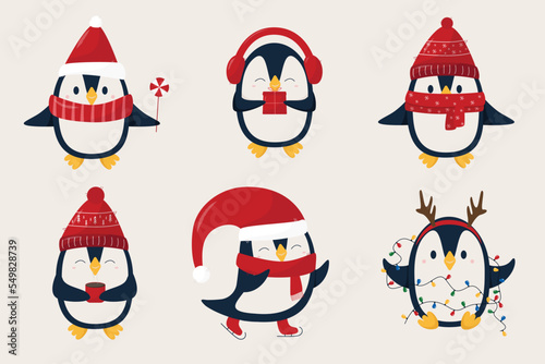 Set of christmas pinguins in flat style. Winter pinguins in red hats and scarf on white background. Merry Christmas concept with cute birds