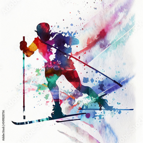 Cross-country skiing. Watercolor illustration of a cross-country skier