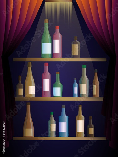Alcohol bottles. Alcoholic drink bottle with vodka,champagne,wine, cognac,Brandy,liqueur,Whisky,rum tequila gin beer vermouth or brandy liquors bottles on bar shelf, alcohol set.