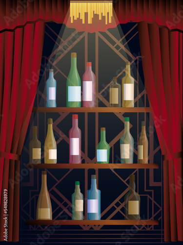 Alcohol bottles. Alcoholic drink bottle with vodka,champagne,wine, cognac,Brandy,liqueur,Whisky,rum tequila gin beer vermouth or brandy liquors bottles on bar shelf, alcohol set.