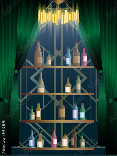 Alcohol bottles. Alcoholic drink bottle with vodka,champagne,wine, cognac,Brandy,liqueur,Whisky,rum tequila gin beer vermouth or brandy liquors bottles on bar shelf, alcohol set.