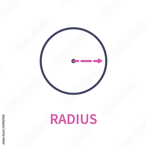 Radius circle icon. Distance measurement tool. Line from the center to circumference. Education concept. Vector illustration.