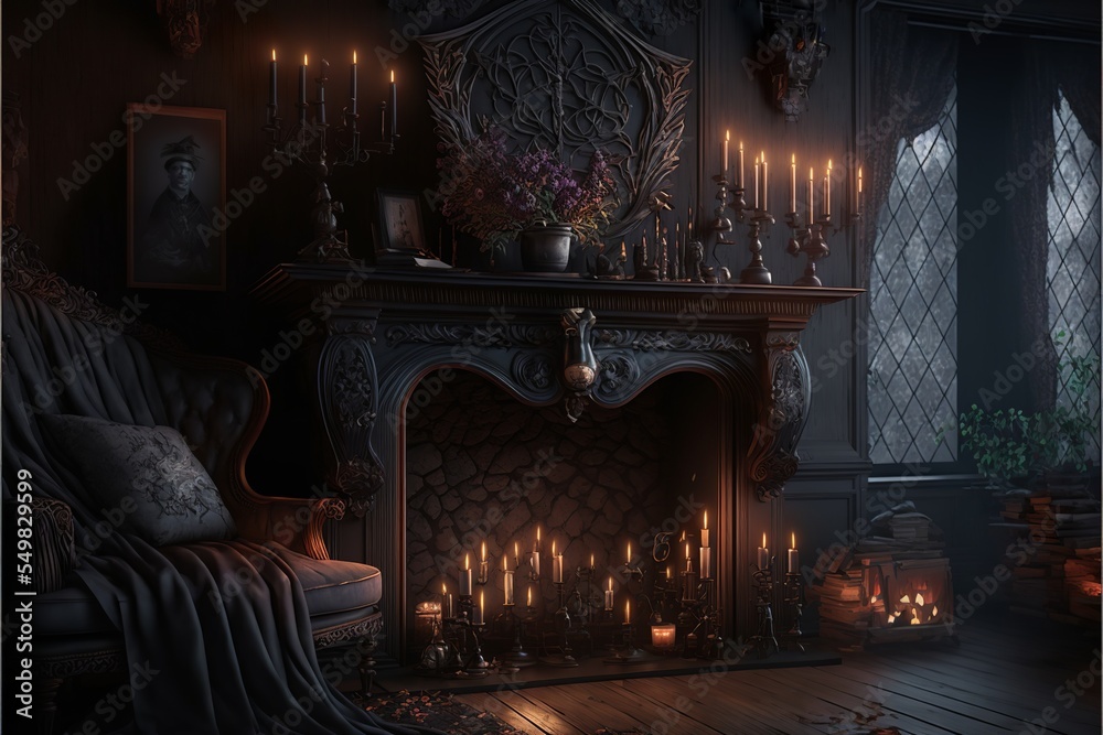 Gothic style victorian living room interior with wooden and brick wall with  candles Stock Illustration