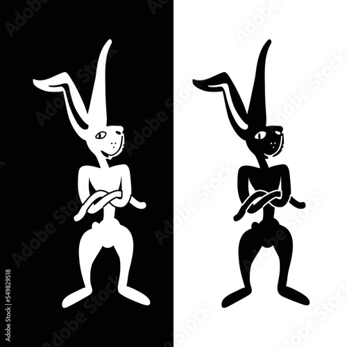 Charismatic rabbit character in black and white graphic style. Cheerful brutal Easter Bunny stands with paws folded on his chest. Symbol of 2023. Element for engraving, embossing, laser.