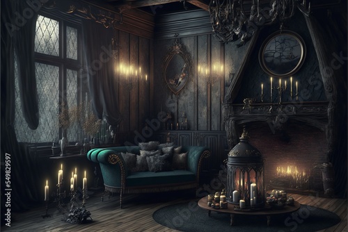 Gothic mansion victorian living room with dark ebony wall background interior design illustration
