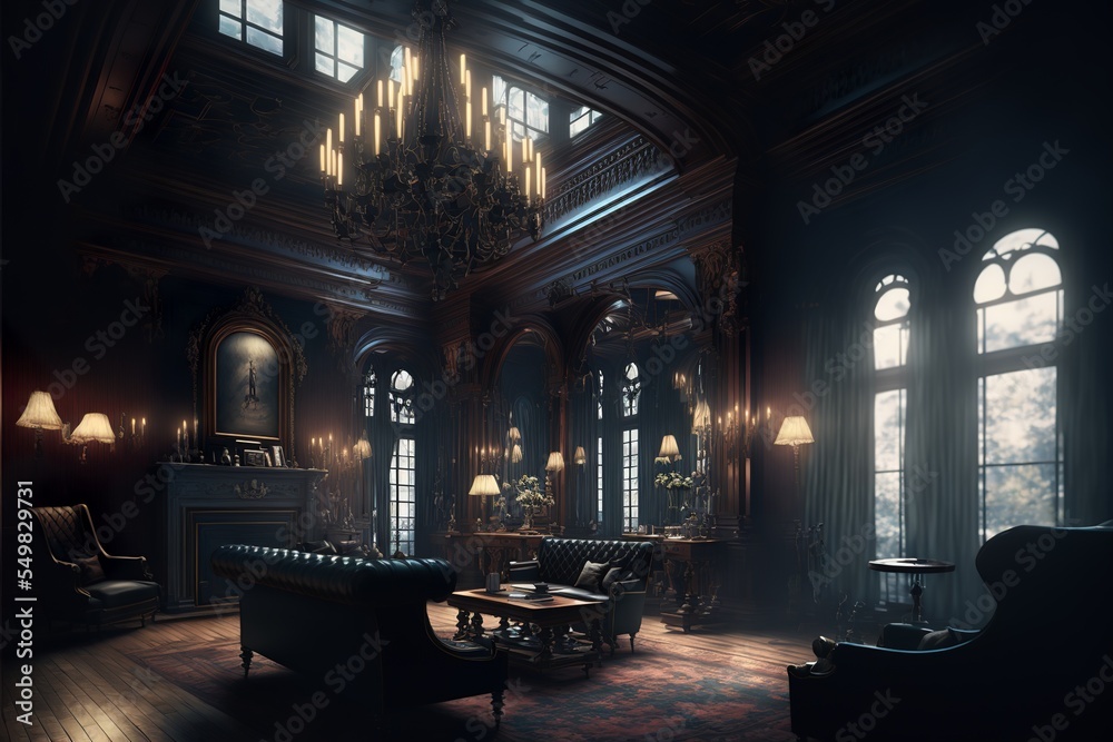 Gothic mansion victorian hall interior design illustration  Stock-illustrasjon | Adobe Stock