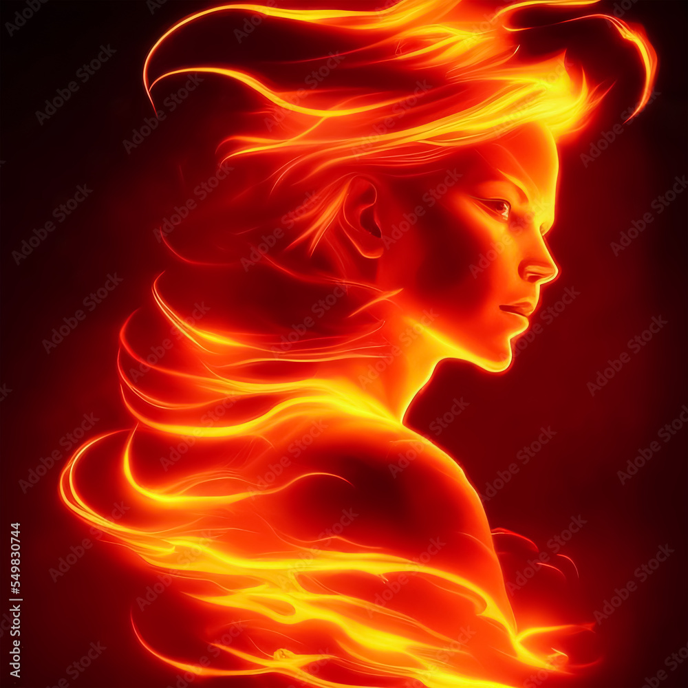 digital drawing of a woman's fiery head surrounded by flames digital drawing of a woman's fiery head surrounded by flames
