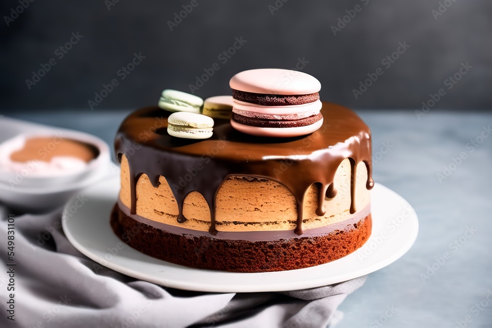 AI-generated Image Of A Decadent Delicious Chocolate Cake With Macarons