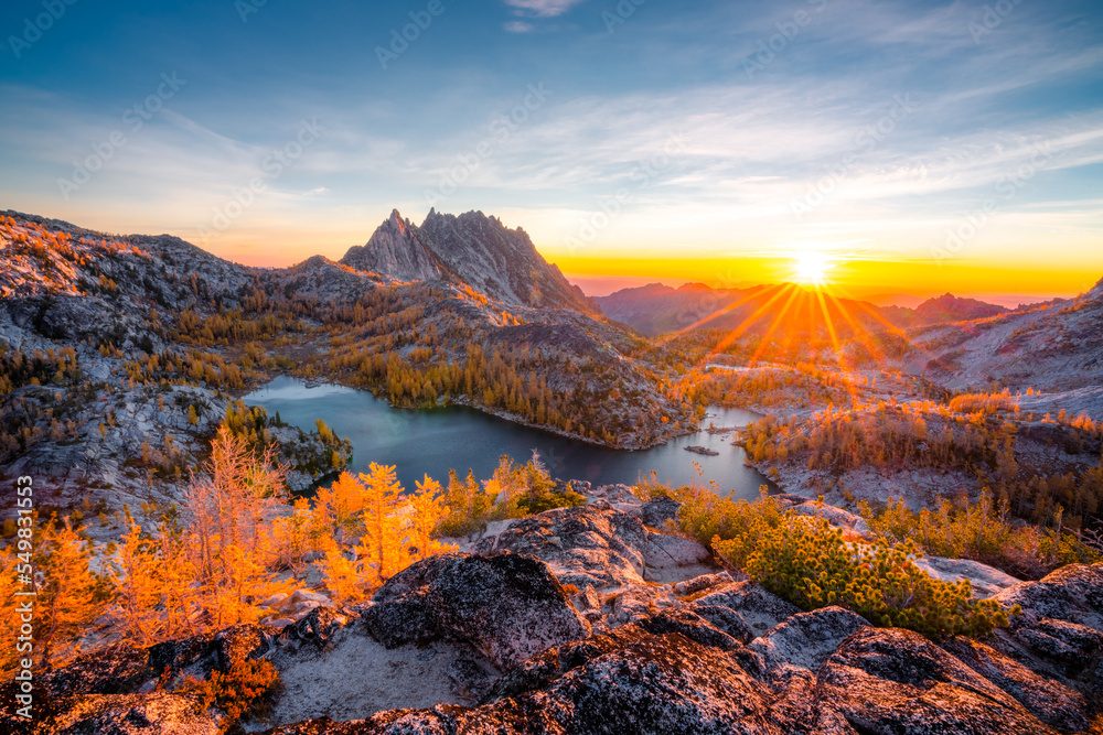 Panorama view of the Enchantments during sunrise.