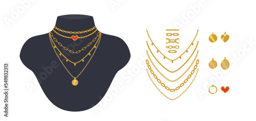 Golden chain necklaces and pendants set. Vector cartoon trendy minimalistic jewelry. Isolated objects for design with chain brushes included. 