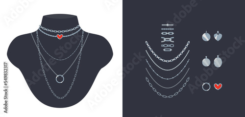 Set of trendy minimalistic necklaces, chains, and beads with silver or platinum pendants. With chain brushes. Jewelry are displayed on black mannequin busts. Vector cartoon clip art for fashion art. 