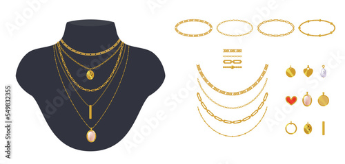 Tableau sur toile Collection of trendy glamour gold chains, pendants, necklaces and bracelets