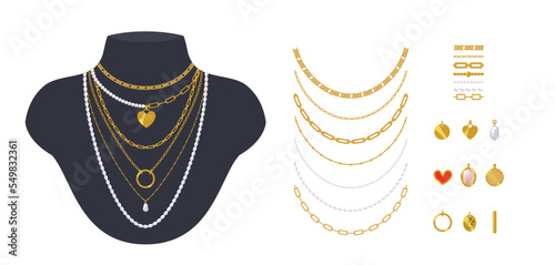 Set of trendy minimalistic necklaces, chains, and beads with golden and peral pendants. Chain brushes include. Jewelry are displayed on black mannequin busts. Vector cartoon clip art for fashion art. 