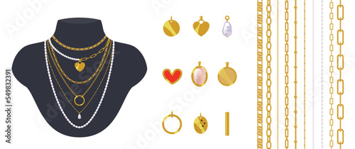 Vector cartoon trendy necklaces set. Golden pendants collection isolated on white. Metal and pearl chains brushes. Mannequin bust with layered minimalistic jewelry. 