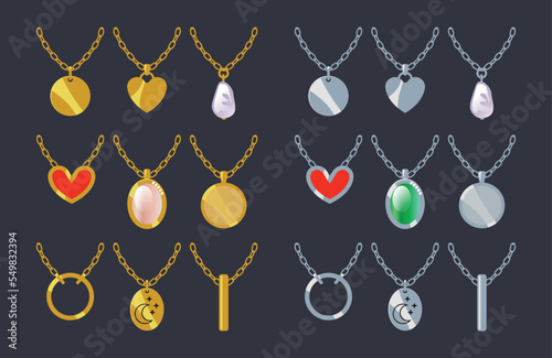 Collection of elegant minimalistic pendants. Golden and silver trendy necklaces vector cartoon illustration. Isolated jewelry elements clip art. 