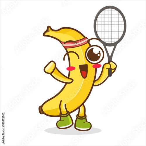 vector illustration of cute banana fruit sport or character play badminton. cute banana fruit Concept White Isolated.