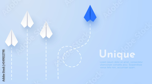 Paper planes flying forward. Leadership, success, finding new way and own path concept. Vector illustration