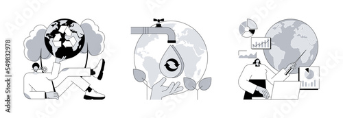 Save the planet abstract concept vector illustration set. Reduce Reuse Recycle, water consumption, climate data share and use, upcycling program, weather forecast, overconsumption abstract metaphor.