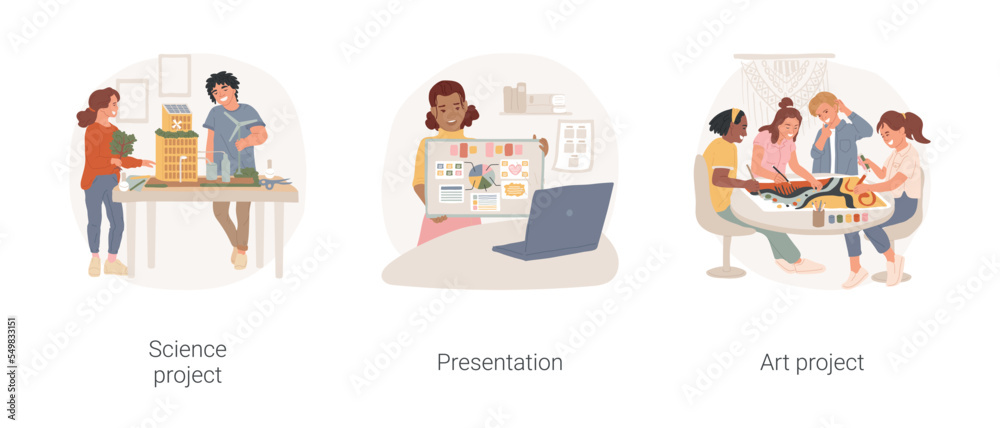 Project homework isolated cartoon vector illustration set. Teenagers working on building science project, teen girl making online presentation, group of students making art at home vector cartoon.