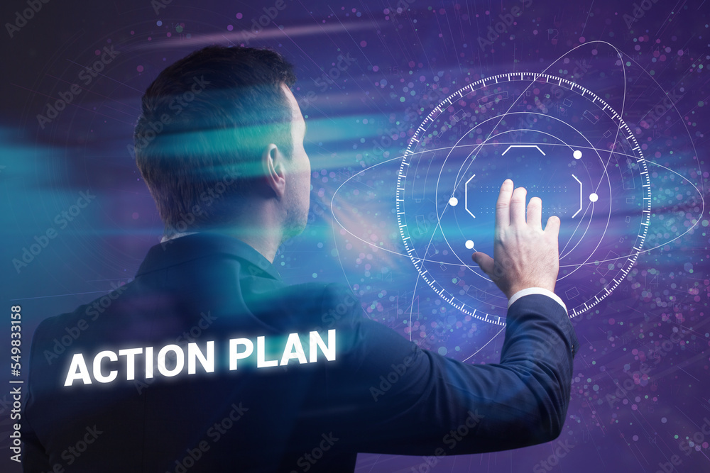 Fototapeta premium Business, technology, internet and network concept. Young businessman thinks over the steps for successful growth: Action plan