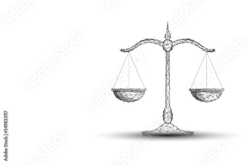 Futuristic low polygonal weighing scales symbol on white background. Justice, law, balance concept