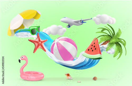 Composition of summer things with a wave. Vector illustration
