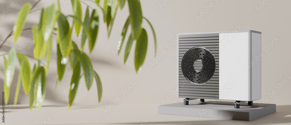Air heat pump and leaves on beige background. Modern, environmentally  friendly heating. Air source heat pumps are efficient and renewable source  of energy. Banner. 3d rendering. Illustration Stock | Adobe Stock