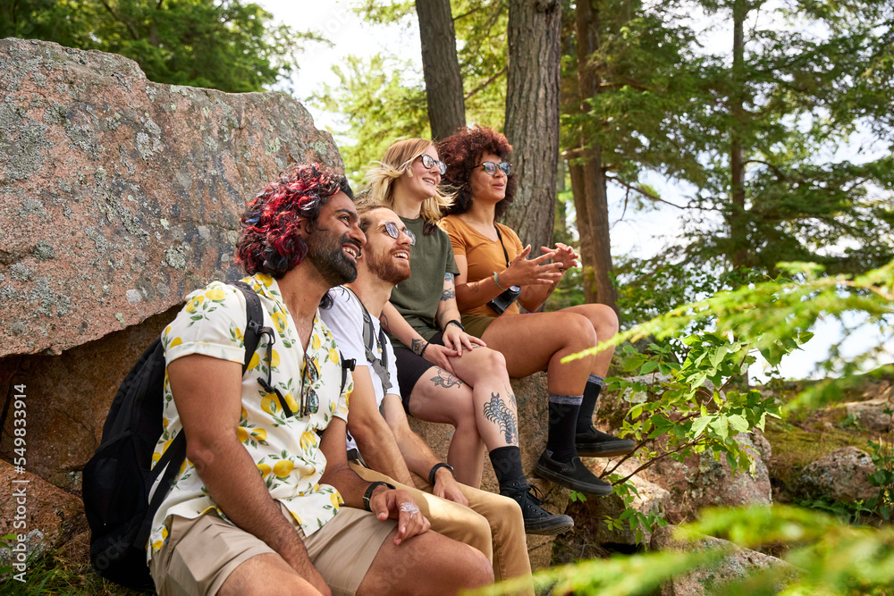 Fototapeta premium Two LGTBTQ+ couples realxing beside a lake while hiking