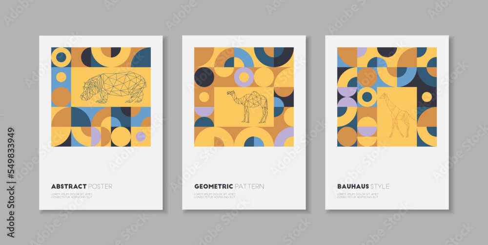 Set of abstract posters with Bauhaus-style geometric mosaics. Collection of trendy retro futuristic covers. Neo Memphis. Colorful neo geometric posters with animals. Stock vector illustration.
