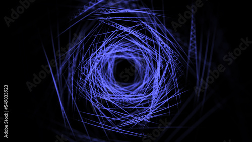 Abstract futuristic infinite tunnel. Dynamic wireframe, like a spider web. Fantazy fractal with lines. Wormhole portal. 3D rendering.
